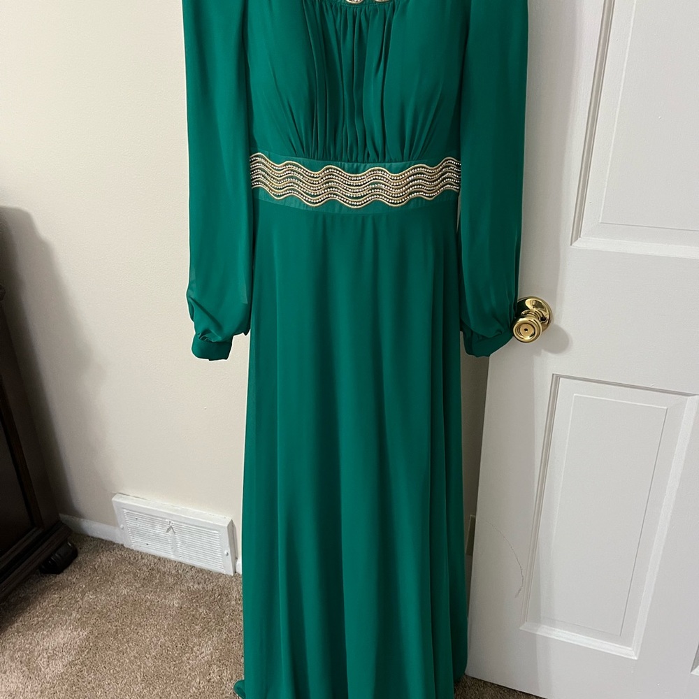 Emerald Green Ruched Gown with Bishop Sleeves